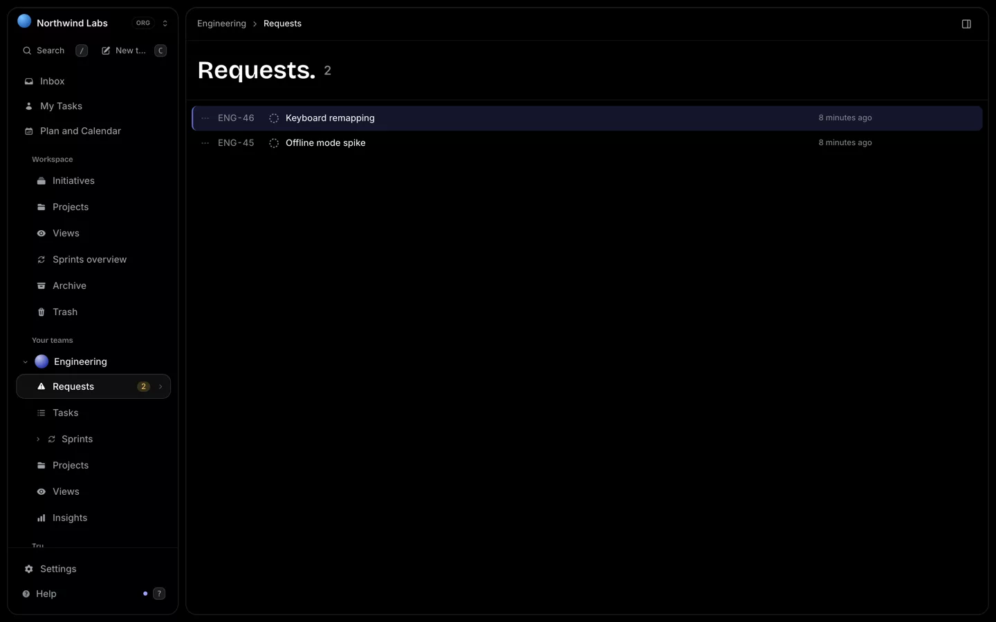 TaskShelf Requests queue with two incoming requests waiting for review